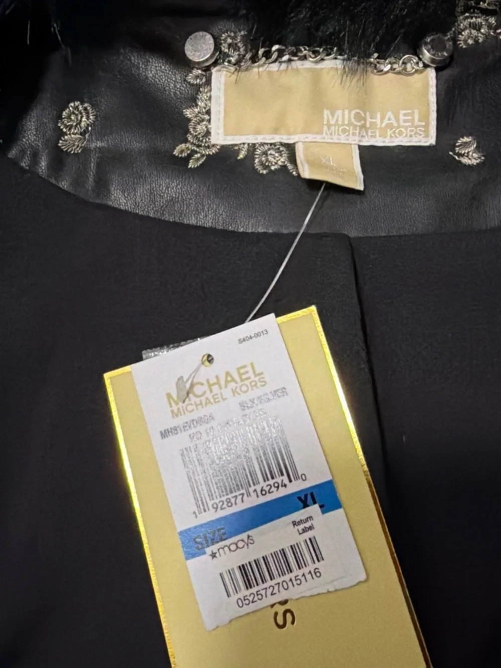 Michael Kors Black Bomber Jacket with Silver Floral Print and Faux Fur Collar